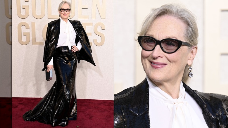 Image partagée de Meryl Streep portant une jupe et une veste à sequins noirs avec un chemisier blanc et des lunettes de soleil aux Golden Globes en 2024.