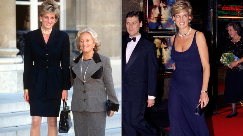 Côte à côte : la princesse Diana porte un tailleur-jupe noir (L) et une robe longue bleu marine (R)