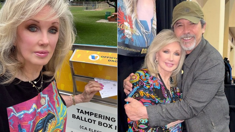 Morgan Fairchild portant des vêtements colorés.