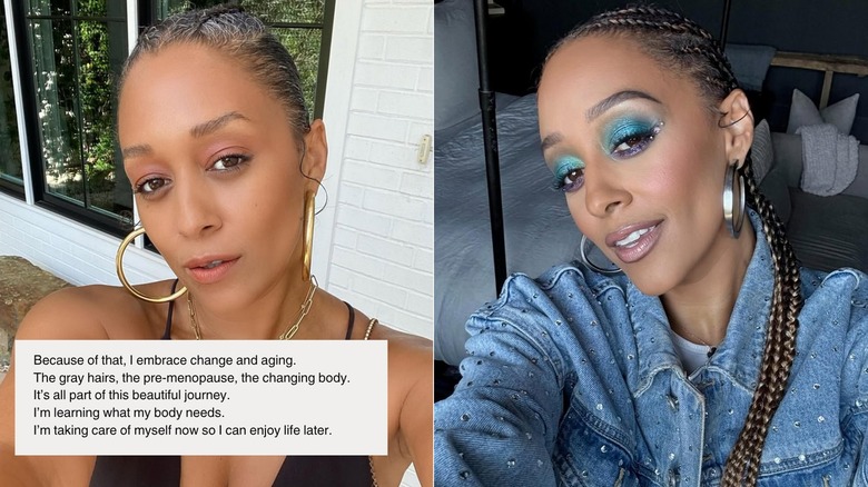 Tia Mowry prenant des selfies, le côté gauche la montrant avec de longs cheveux dorés et le côté droit la montrant avec des cheveux gris tirés en arrière