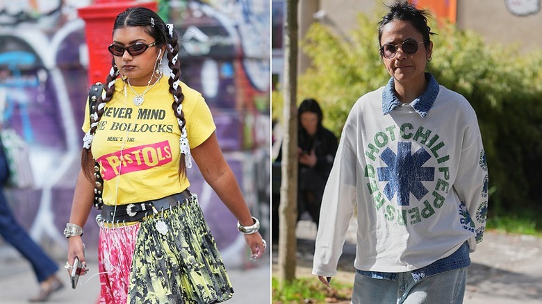 Une femme portant un T-shirt d'un groupe et une autre portant un sweat-shirt d'un groupe