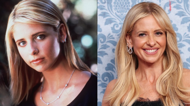 Sarah Michelle Gellar dans le rôle de Buffy contre les vampires à gauche et en 2026 lors d'un événement sur le tapis rouge à droite.