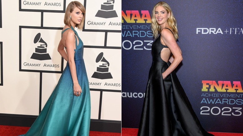 Côte à côte : (à gauche) Taylor Swift porte une robe verte aux Grammys 2015, (à droite) Kate Upton porte une robe noire à la 37e édition des Footwear News Achievement Awards en 2023.