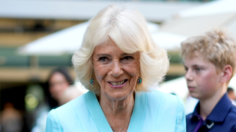 La reine Camilla porte un carré à plumes et une veste de costume bleue