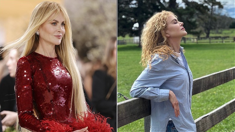 Nicole Kidman dans une robe rouge scintillante lors d'un événement à gauche et appuyée contre une clôture dans un ranch à droite.