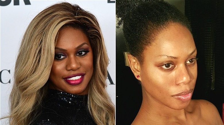 Laverne Cox lors d'un événement sur le tapis rouge à gauche et posant pour une photo pour un selfie sur Instagram à droite.