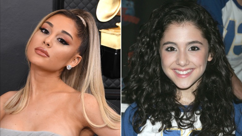 Ariana Grande posant avec la tête inclinée lors d'un événement à gauche et souriante sur une photo avec des cheveux noirs et bouclés à droite.