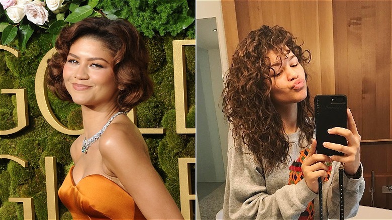 Zendaya posant lors d'un événement dans une robe orange à gauche et posant pour un selfie miroir avec des cheveux bouclés à droite.