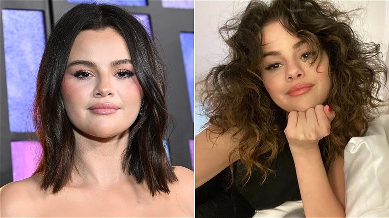 Selena Gomez posant lors d'un événement avec les cheveux raides à gauche et les cheveux bouclés posant au lit pour un selfie à droite.