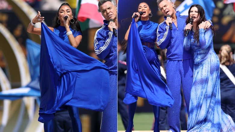 Image divisée en deux de Nicole Scherzinger lors de la finale de la Coupe du Monde de la FIFA 2026 chantant avec Robbie Williams et Laura Pausini