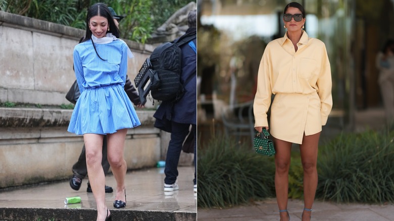 Une femme dans un ensemble à fines rayures et une femme dans une chemise jaune et une mini jupe portefeuille