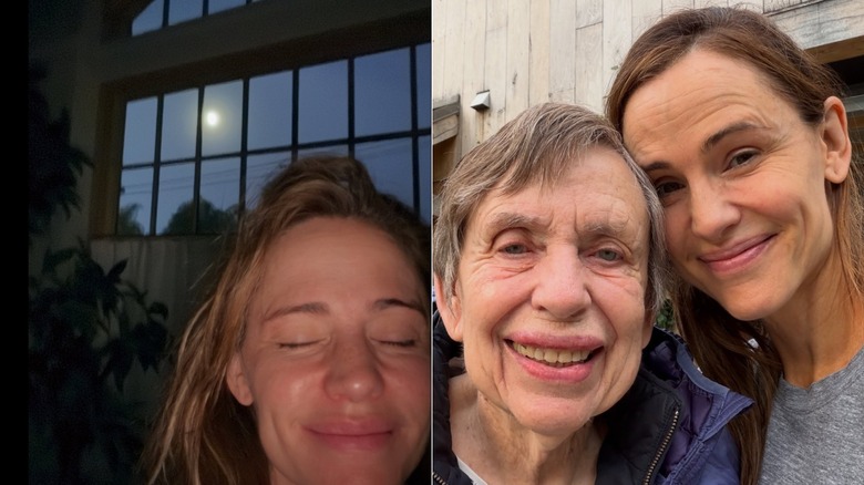 Photos côte à côte de Jennifer Garner souriant et posant pour des selfies sans maquillage.