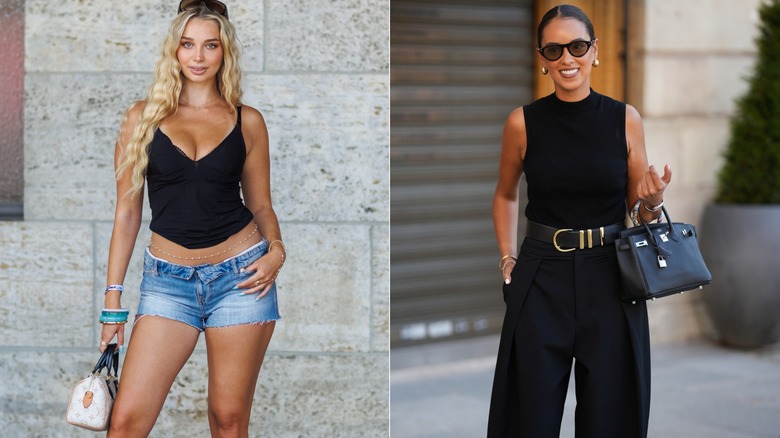 Côte à côte de deux femmes portant des sacs de créateurs