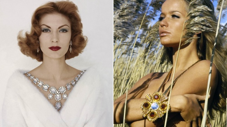Le mannequin Mary McLaughlin porte un collier Miriam Haskell et le mannequin Veruschka porte un collier Marion Haskell