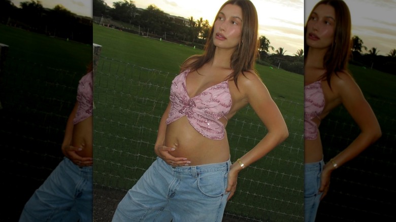 Hailey Bieber porte un crop top rose papillon