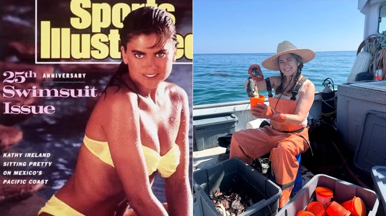 Kathy Ireland en maillot de bain jaune pour la couverture du numéro de Sports Illustrated de 1989 à côté d'une photo de 2026 d'elle assise sur un bateau dans l'océan en salopette pendant qu'elle pêchait