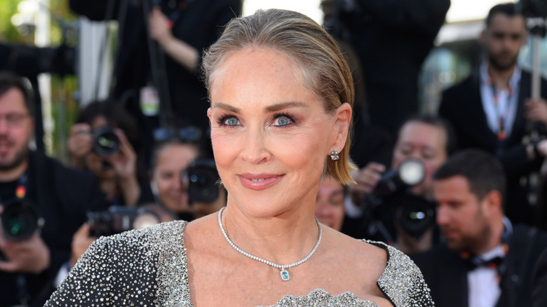 Sharon Stone posant sur le tapis rouge vêtue d'une robe scintillante avec un collier de diamants et des cheveux lissés en arrière.