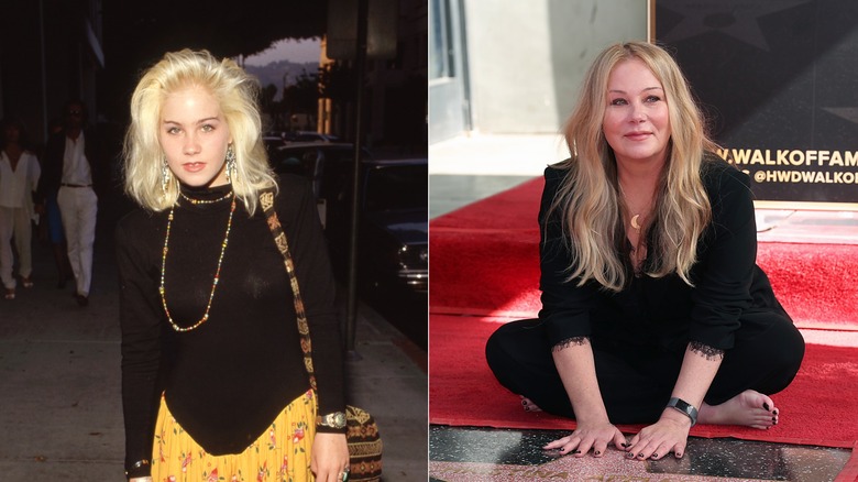Christina Applegate portant un haut noir et une jupe à fleurs jaune en 1987 à gauche et posant avec sa star du Hollywood Walk of Fame en 2022 à droite.