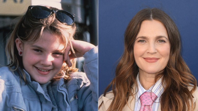 Drew Barrymore posant avec la tête sur la main et des lunettes de soleil en 1986 à gauche et lors d'un événement sur le tapis rouge portant un costume beige en 2025 à droite.