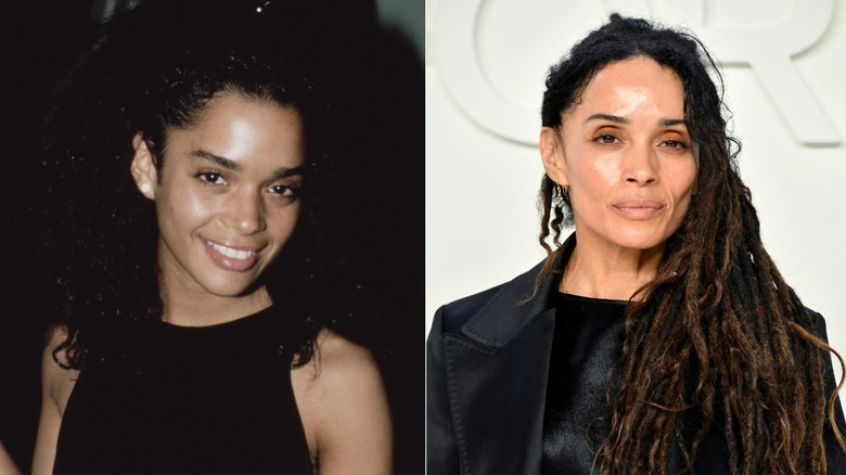 Lisa Bonet posant dans un haut noir en 1986 à gauche et sur le tapis rouge portant une veste noire et des dreadlocks en 2020 à droite.