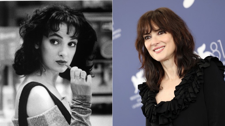 Winona Ryder sur une photo en noir et blanc portant un haut à épaules dénudées en 1988 et lors d'un événement sur le tapis rouge portant un haut noir en 2024 à droite.