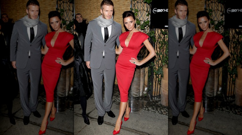 Victoria Beckham en robe rouge avec David Beckham