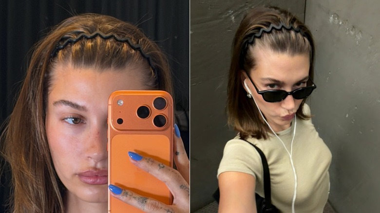 Photos côte à côte de Hailey Bieber avec un bandeau en peigne tenant son téléphone à gauche et prenant un selfie avec des écouteurs à droite.
