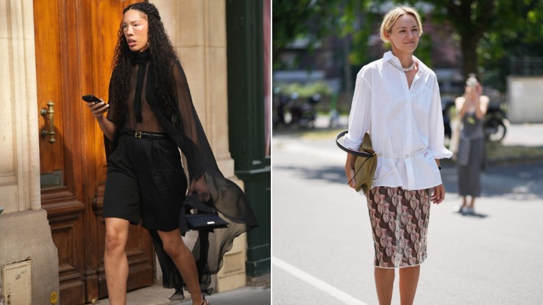 Une femme portant un haut transparent avec un short et une autre portant une jupe transparente avec une chemise boutonnée blanche