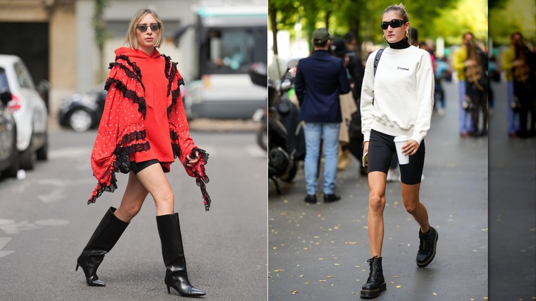Emy Venturini portant un sweat-shirt décoré de dentelle, un short motard noir et des bottes hauteur genou à Paris en juillet 2026 Une femme portant un sweat-shirt crème, un short motard noir et des Dr Martens lors de la Fashion Week de Milan en septembre 2022