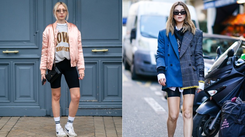 Emy Venturini portant un sweat-shirt, un bomber satiné rose et un short motard noir à Paris en mars 2021 / Stefanie Giesinger portant un sweat-shirt, un blazer color block et un short motard noir lors de la Fashion Week de Paris en janvier 2020