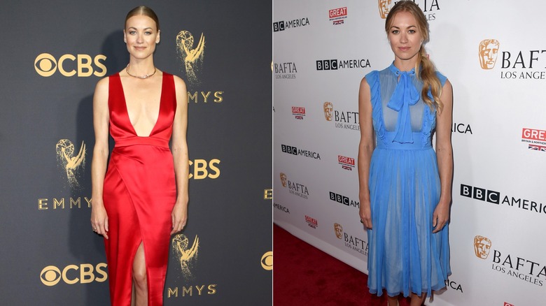 Yvonne Strahovski dans une robe en satin rouge et dans une robe transparente bleue en 2017