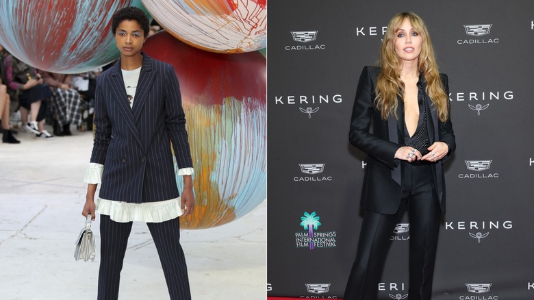 À gauche : un mannequin pour Ganni défile dans un costume à fines rayures lors de la Fashion Week de Copenhague en août 2016. À droite : Miley Cyrus assiste aux Palm Springs International Film Festival Film Awards dans un costume avec un haut décolleté en 2026.