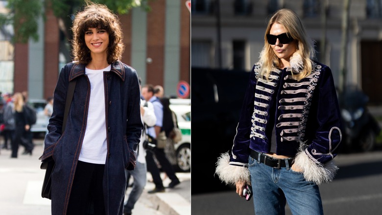 À gauche : un mannequin assiste à la Fashion Week de Milan en 2016, vêtu d'un manteau bleu foncé de style marine. À droite : un invité à la Fashion Week de Paris en 2026 portant une veste de style militaire en velours bleu foncé.