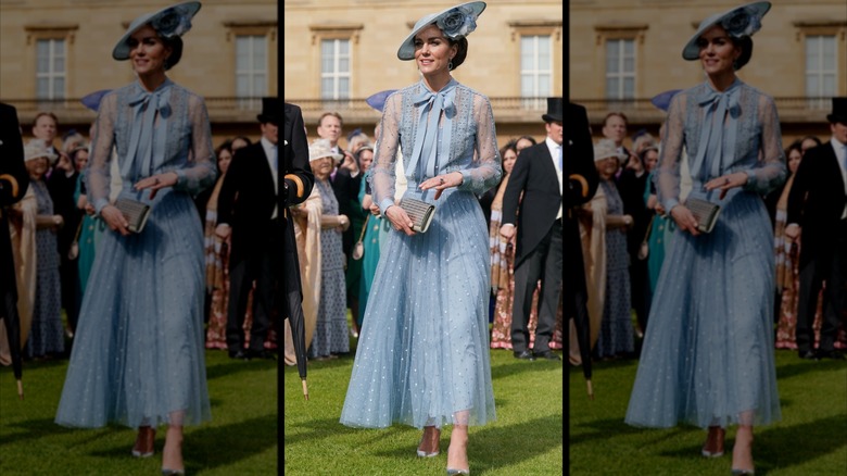 Kate Middleton portant une robe bleu poussiéreuse avec des manches transparentes et un chapeau assorti lors de la Coronation Garden Party du roi Charles.