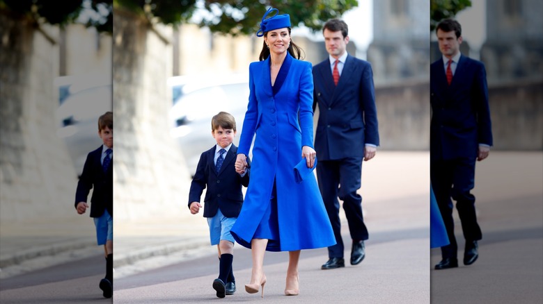 Kate Middleton portant une robe bleu cobalt avec un chapeau de casemate assorti après le service religieux annuel de Pâques de la famille royale en 2023.