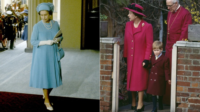 La reine Elizabeth II en robe bleue et manteau rouge dans les années 1980