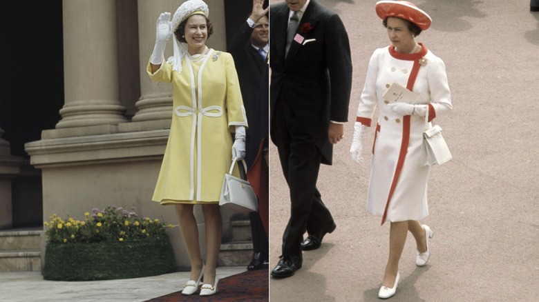 La reine Elizabeth II dans une robe jaune et une robe manteau blanc et rouge