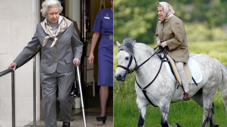 La reine Elizabeth II portait un costume gris et une tenue d'équitation dans les années 2000
