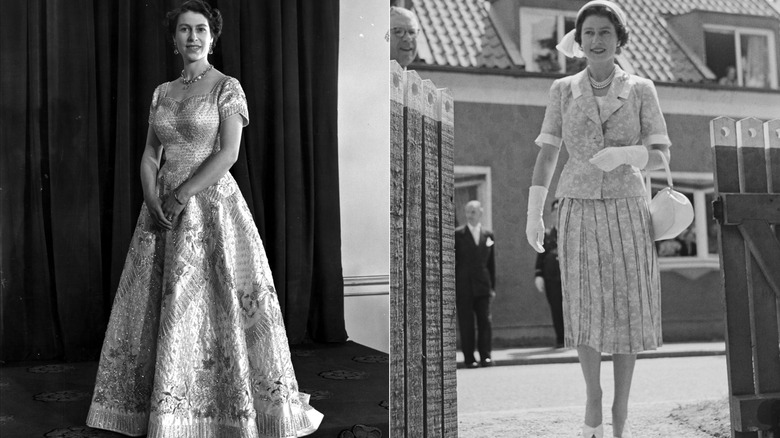 La reine Elizabeth II dans sa robe de couronnement et dans une jupe des années 1950