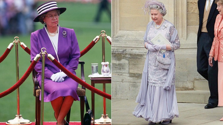 La reine Elizabeth II dans un blazer et une jupe violets et une robe lilas dans les années 1990