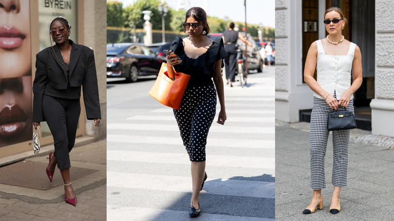 Photos côte à côte de trois femmes portant des capris de styles différents avec des sacs à main et des lunettes de soleil