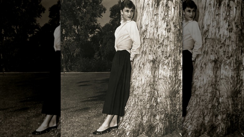 Audrey Hepburn se tient contre un arbre dans les années 1950