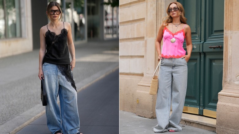 Sophia Geiss porte un caraco en dentelle noire et un jean baggy bleu à droite, et Merve Gorgoz porte un caraco en dentelle rose et orange et un jean baggy bleu à droite.