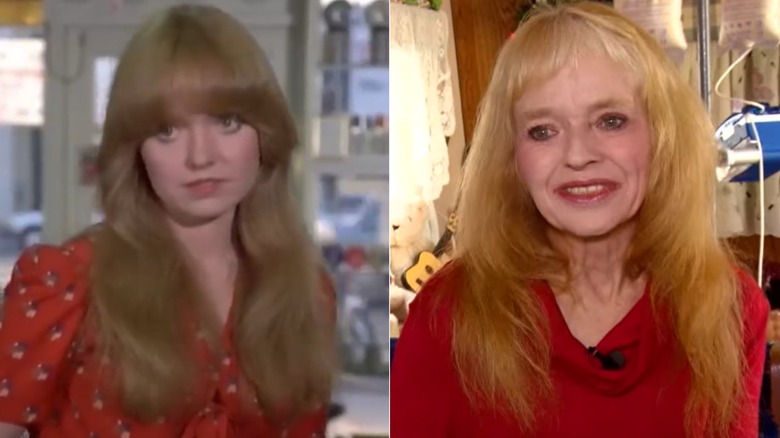 Susan Richardson souriant pour un portrait dans les années 1970 à côté d'une photo d'elle lors d'une interview en 2017 dans sa caravane.