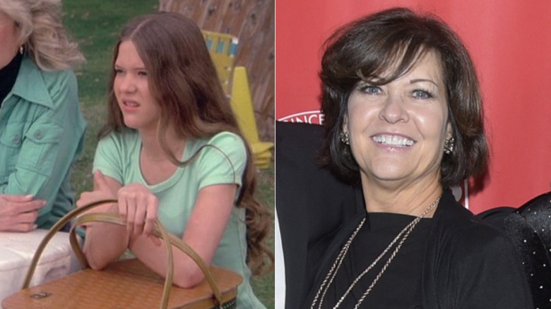 Connie Needham dans un épisode de Eight Is Enough à côté d'une photo d'elle lors d'un événement en 2019.