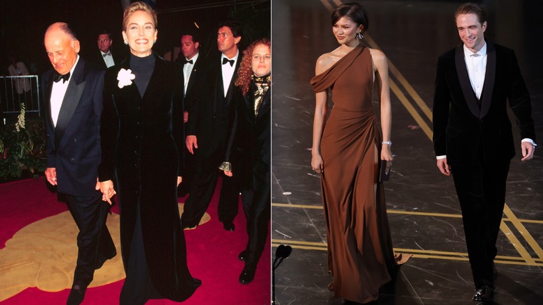 (à gauche) Sharon Stone aux Oscars 1996 (à droite) Zendaya et Robert Pattinson aux Oscars 2026