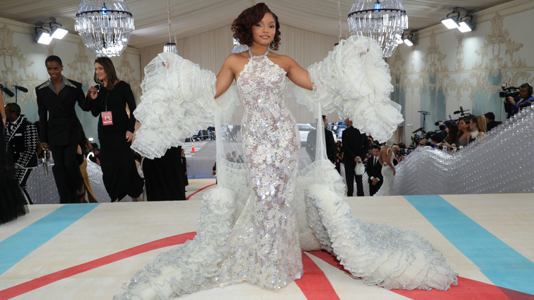 Halle Bailey au Met Gala 2023 dans une robe blanche transparente