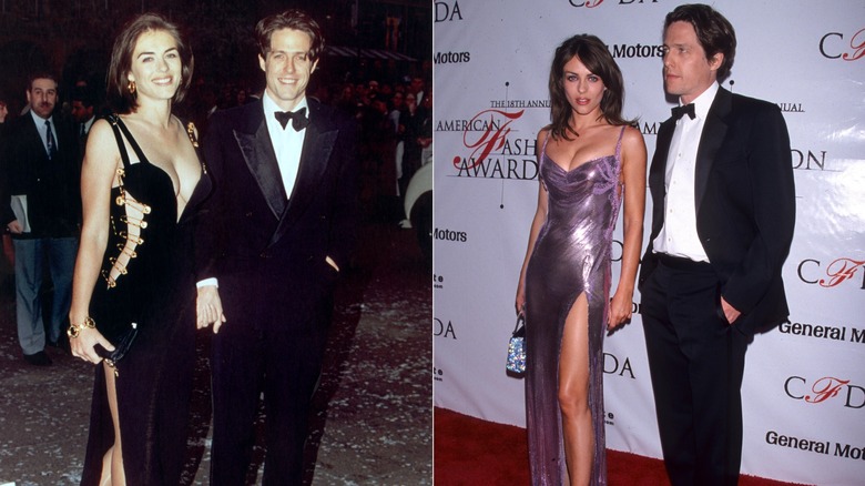 Elizabeth Hurley dans une audacieuse robe noire et Hugh Grant en smoking en 1994 à gauche et en robe violette et smoking, respectivement lors d'un événement en 1999 à droite.