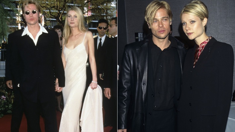 Gwyneth Paltrow en robe blanche et Brad Pitt en costume noir avec une chemise blanche en 1996 à gauche et avec des coupes de cheveux assorties en 1997 à droite.
