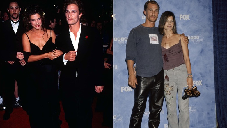 Sandra Bullock en robe noire et Matthew McConaughey en smoking en 1997 à gauche et habillés de manière décontractée lors d'un événement en 1999 à droite.